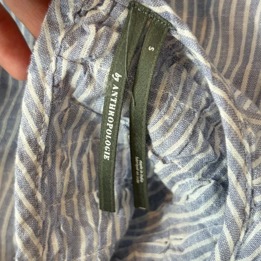 Anthropologie Textured the Liza puff sleeve smocked Blue Striped Blouse small - Picture 4 of 16